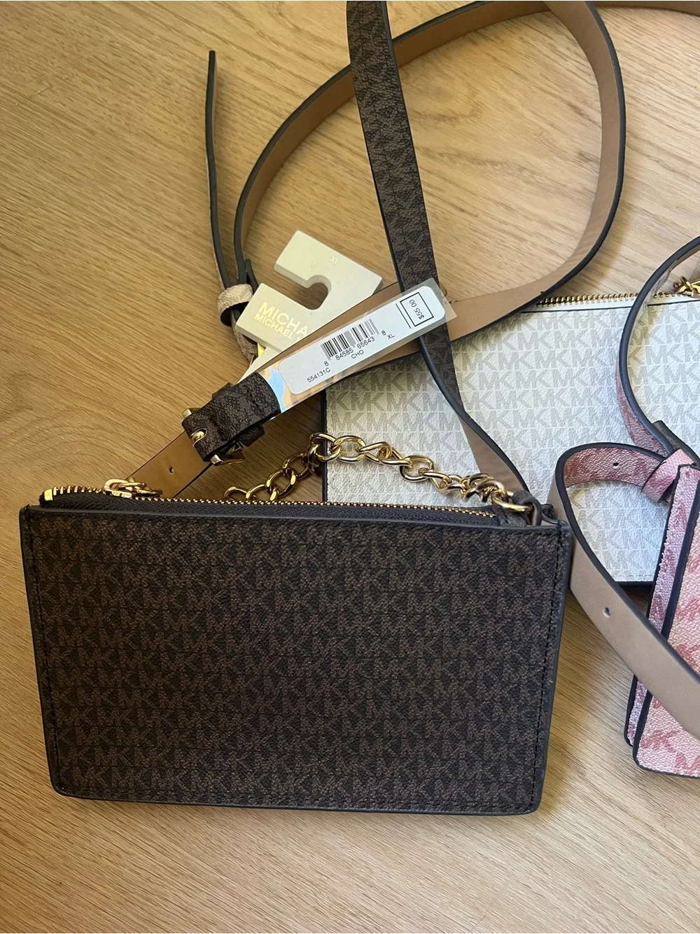 Michael Kors MK Signature Crossbody Trio in Pink, Brown, and Ivory